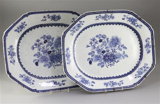 A pair of Chinese export blue and white canted rectangular meat platters, Qianlong period, length 45cm